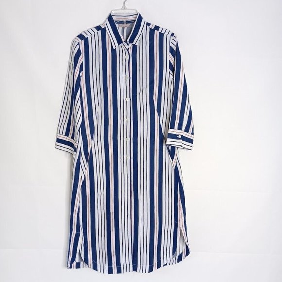 Caliban Made In Italy Shirt Dress size 40 Linen full button-Up Navy White Red - Picture 1 of 14